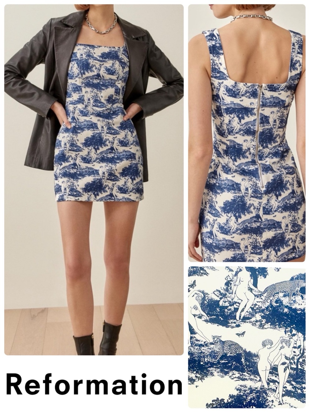 Reformation NWT Davies Bustier Denim Mini Dress in Pastoral (White/Blue Toile)